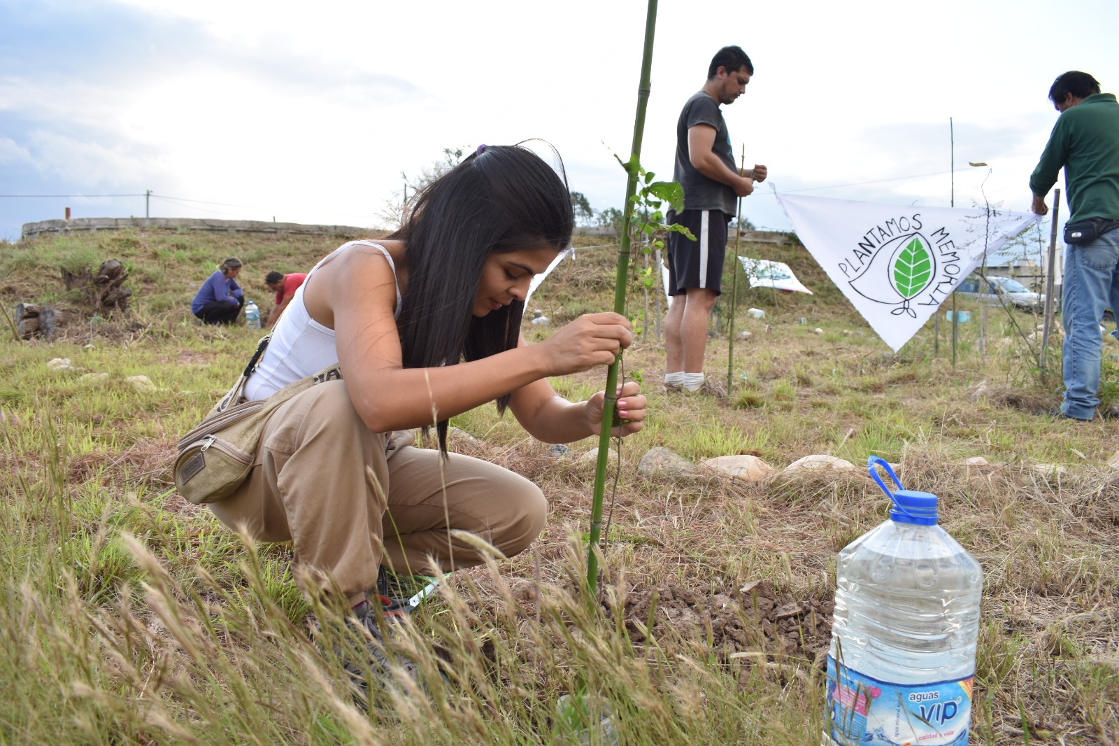 voluntaria plantando un arból